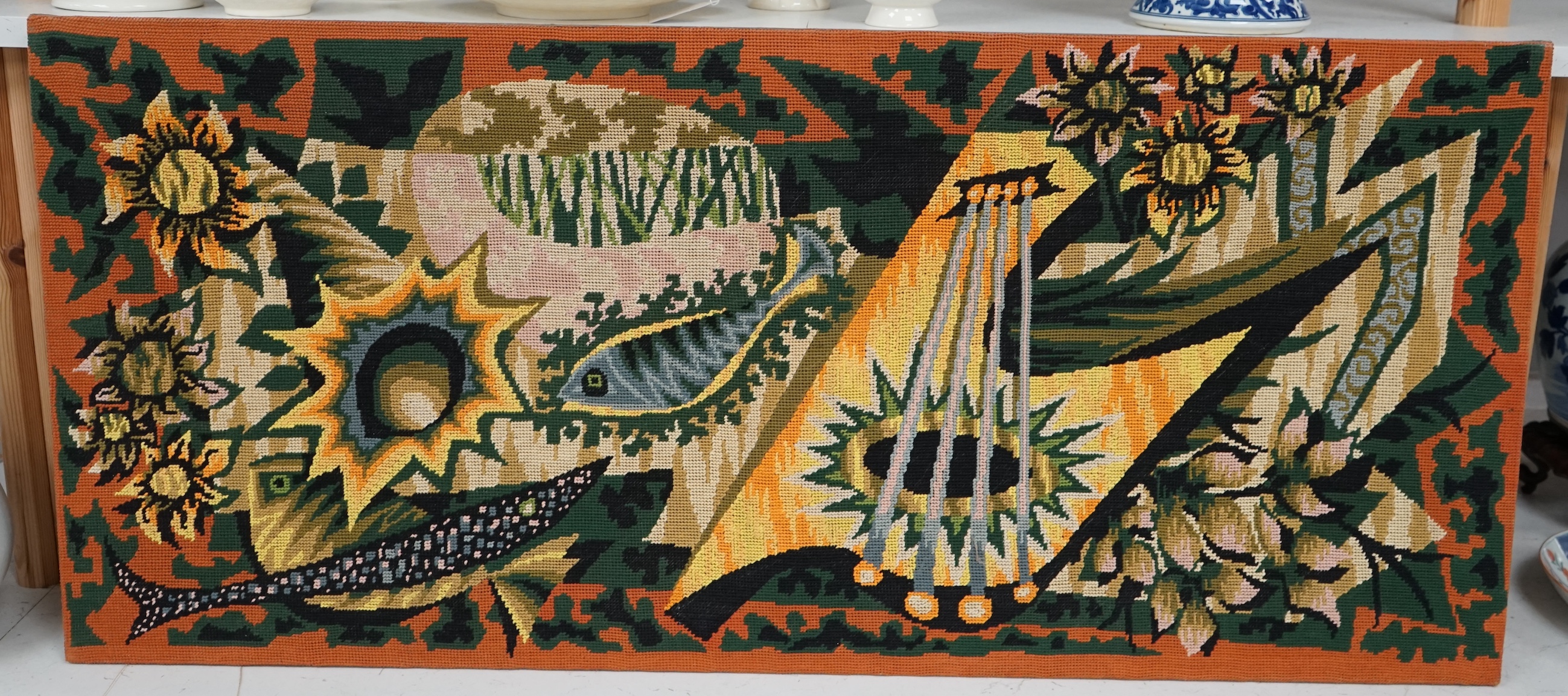 Attributed to Jean Picart Le Doux (1902-1982), 'Paysage avec tournesols et poissons' embroidered needlework tapestry, 48 x 108cm. Condition - good